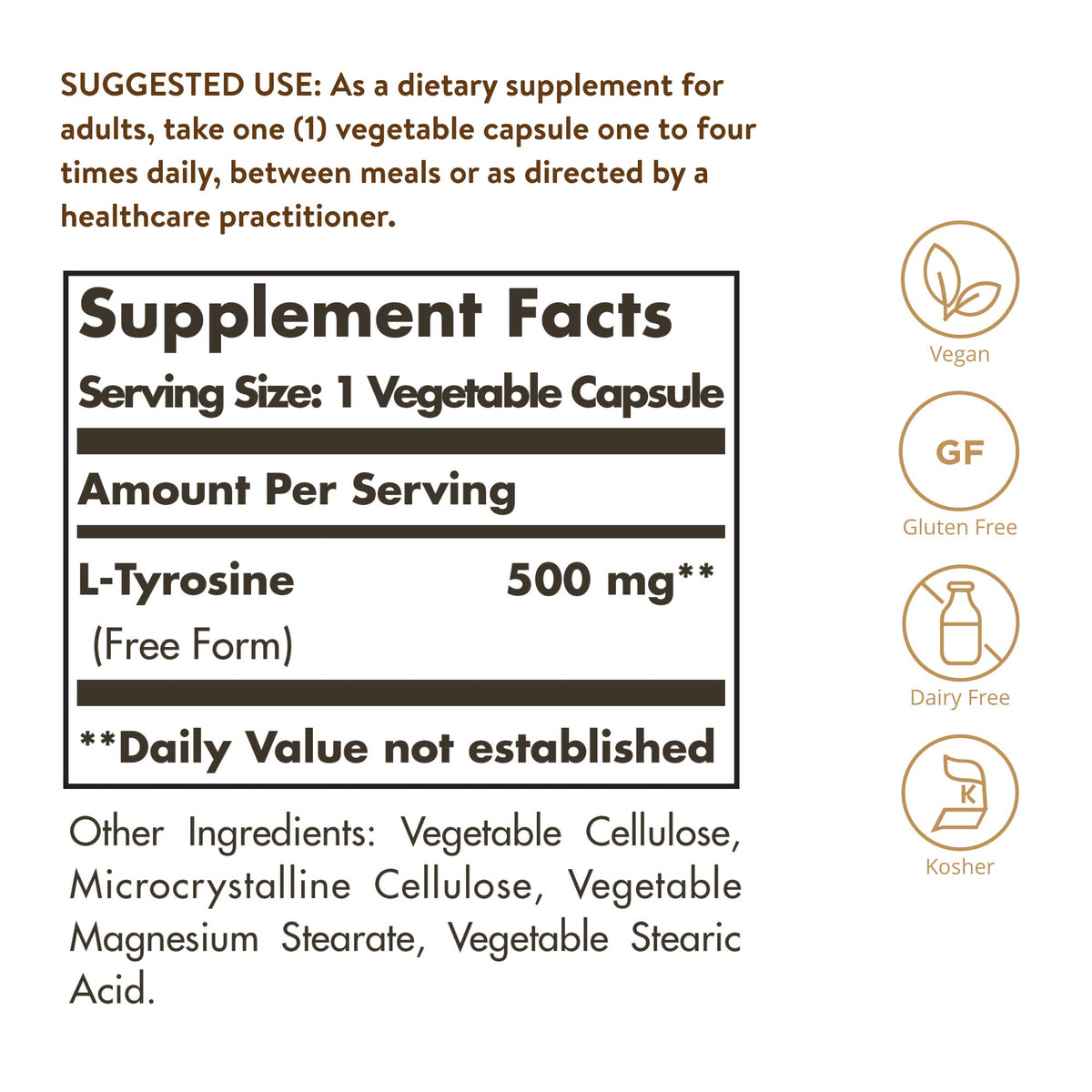 Solgar L-Tyrosine 500 mg capsules végétales avec étiquette