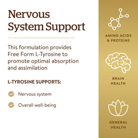 Solgar L-Tyrosine 500 mg sur un fond neutre