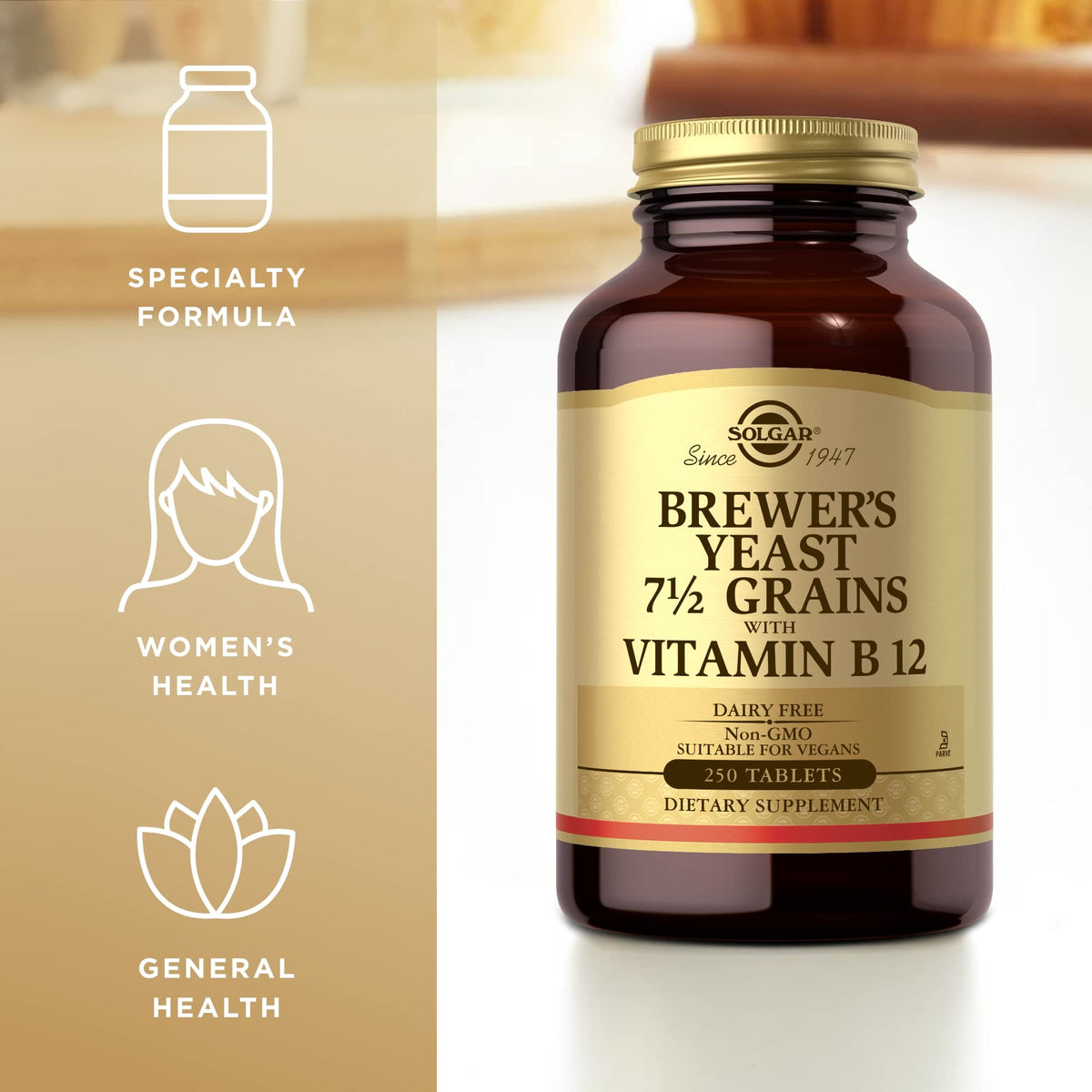 Solgar Levure de Bière avec Vitamine B12 sur une table
