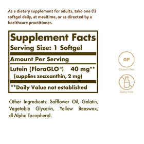 Solgar Lutein 40 mg 30 capsules vue arrière avec ingrédients
