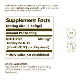 Solgar Megasorb CoQ-10 600 mg gélules arrière du paquet