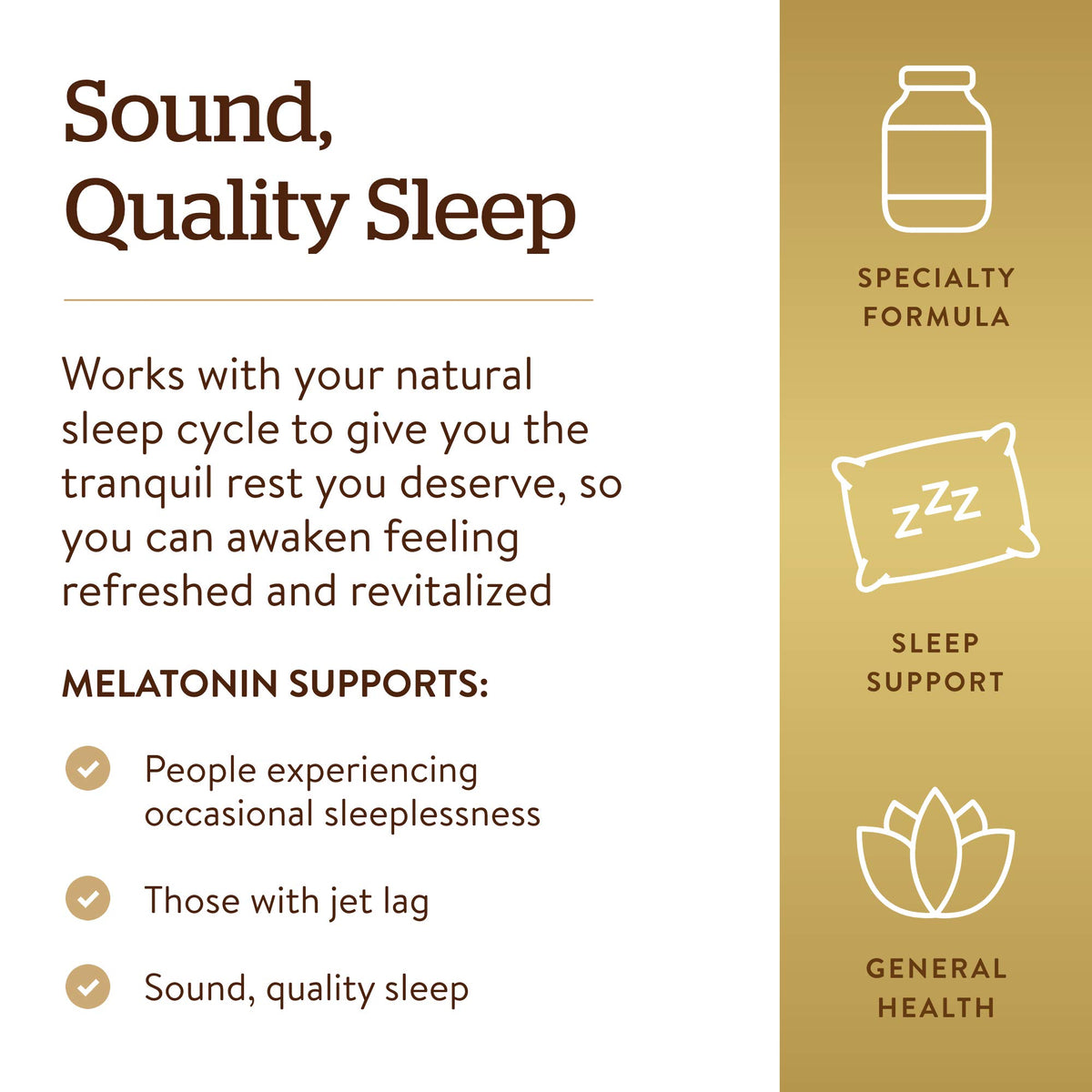 Solgar Melatonin 10 mg avec étiquette claire des ingrédients