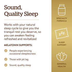 Solgar Melatonin 10 mg avec étiquette claire des ingrédients