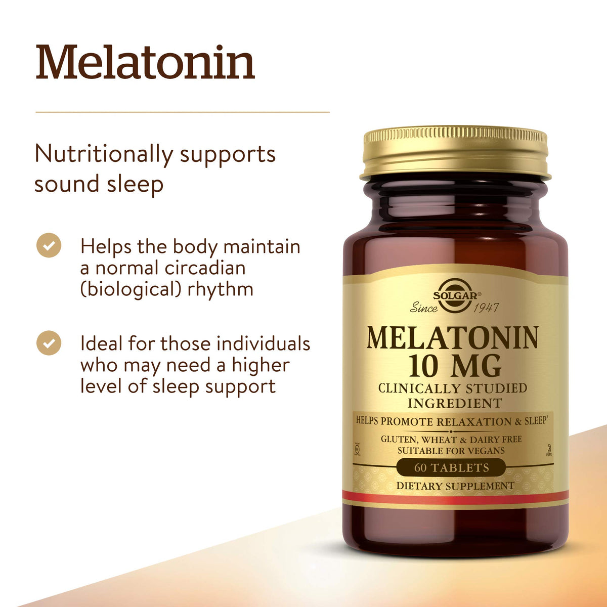 Solgar Melatonin 10 mg comprimé sur une surface blanche