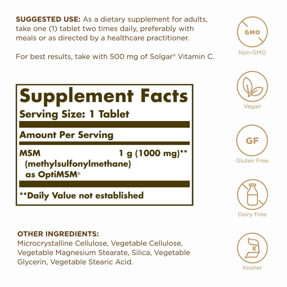 Solgar MSM 1000 mg étiquette avec ingrédients et dosage