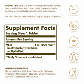 Solgar MSM 1000 mg étiquette avec ingrédients et dosage