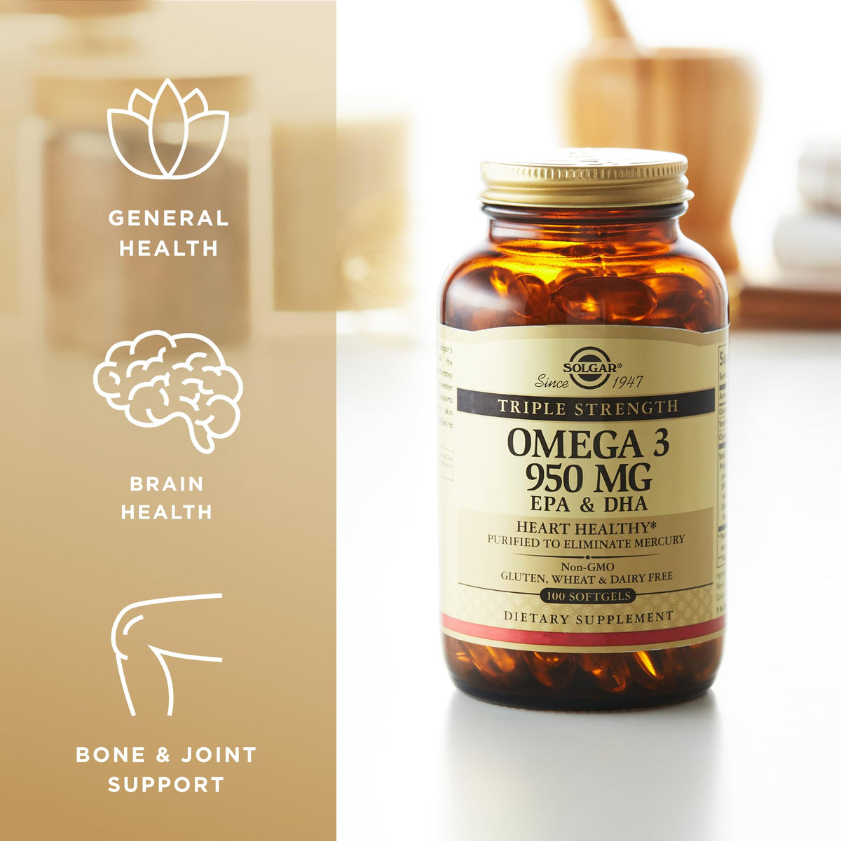 Solgar Omega 3 Triple Force 950 mg 100 gélules molles sur une table en bois