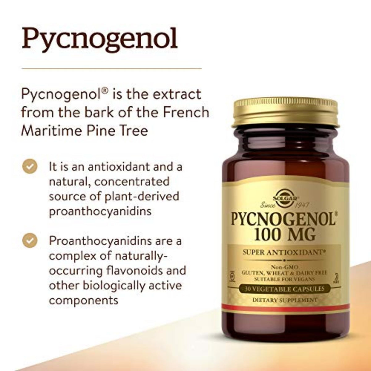 Solgar Pycnogenol 100 mg emballage avec informations nutritionnelles