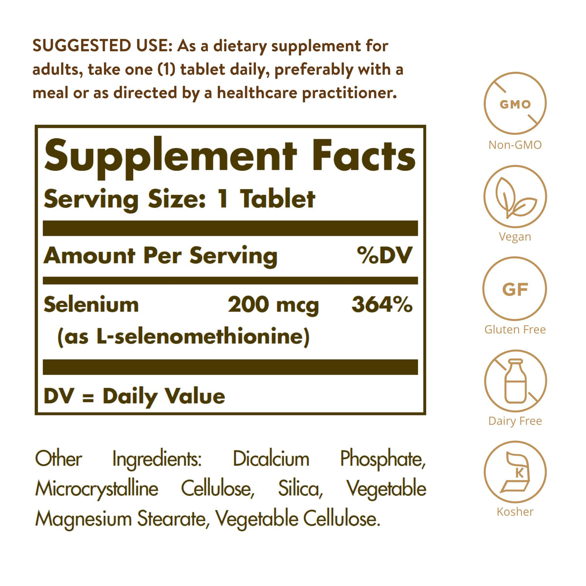 Solgar Sélénium 200 mcg - emballage et informations nutritionnelles