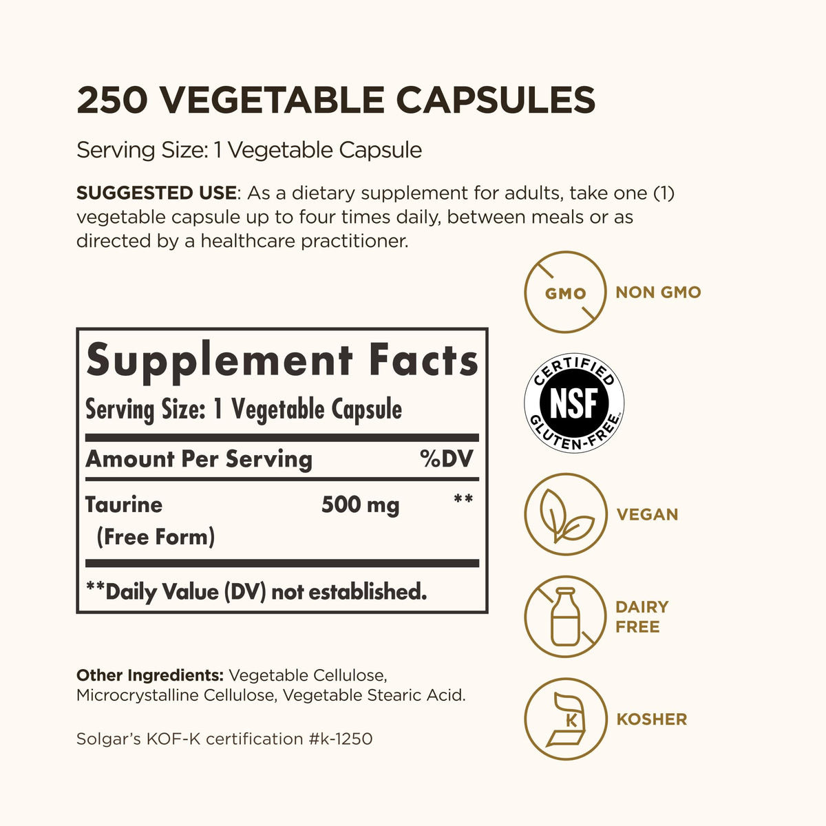 Solgar Taurine 500 mg capsules végétales vue de côté