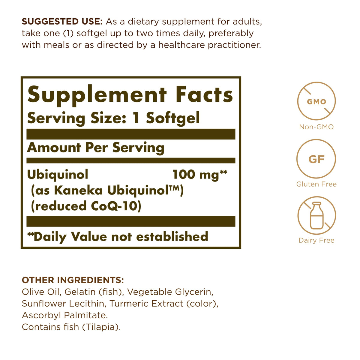 Solgar Ubiquinol 100 mg gélules affichées sur une table