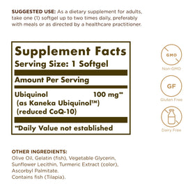 Solgar Ubiquinol 100 mg gélules affichées sur une table