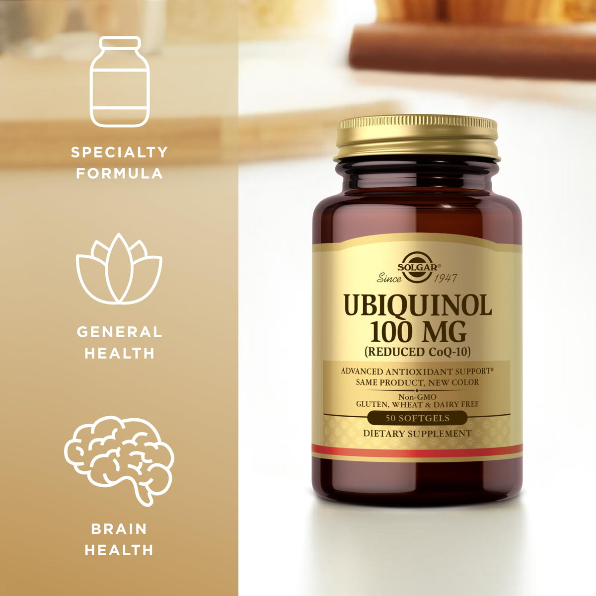 Solgar Ubiquinol 100 mg gélules sur fond blanc