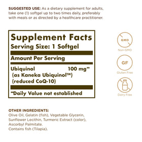 Solgar Ubiquinol 100 mg gélules, vue latérale avec détail sur le dosage