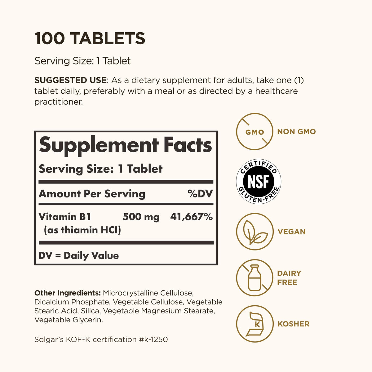 Solgar Vitamine B1 500 mg comprimés sur table