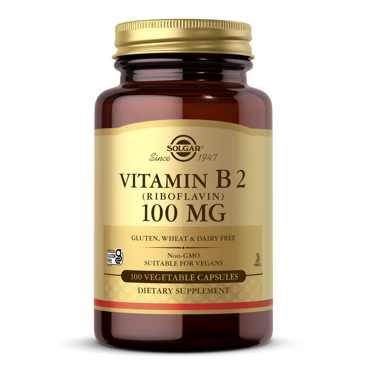 Solgar Vitamine B2 100mg capsules végétariennes devant l'étiquette