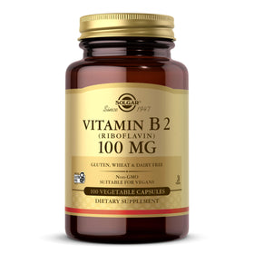 Solgar Vitamine B2 100mg capsules végétariennes devant l'étiquette