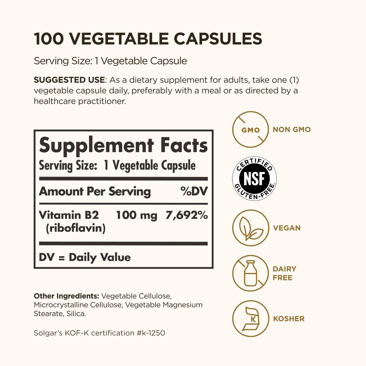 Solgar Vitamine B2 100mg capsules végétariennes sur une table
