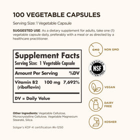 Solgar Vitamine B2 100mg capsules végétariennes sur une table