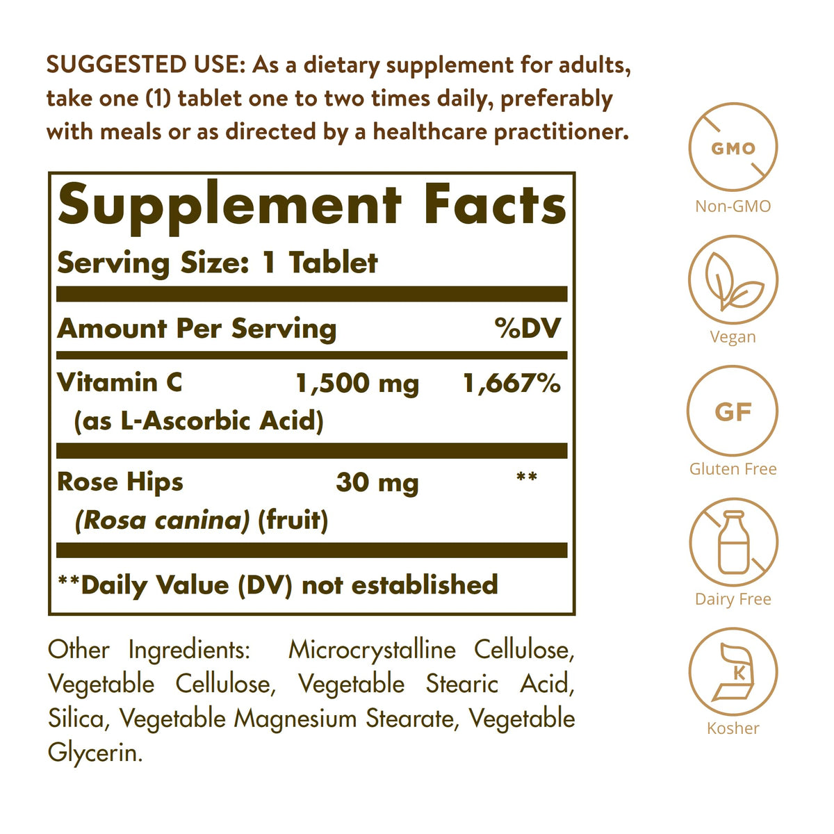 Solgar Vitamine C 1500 mg avec Églantier, emballage et informations nutritionnelles