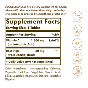 Solgar Vitamine C 1500 mg avec Églantier, emballage et informations nutritionnelles