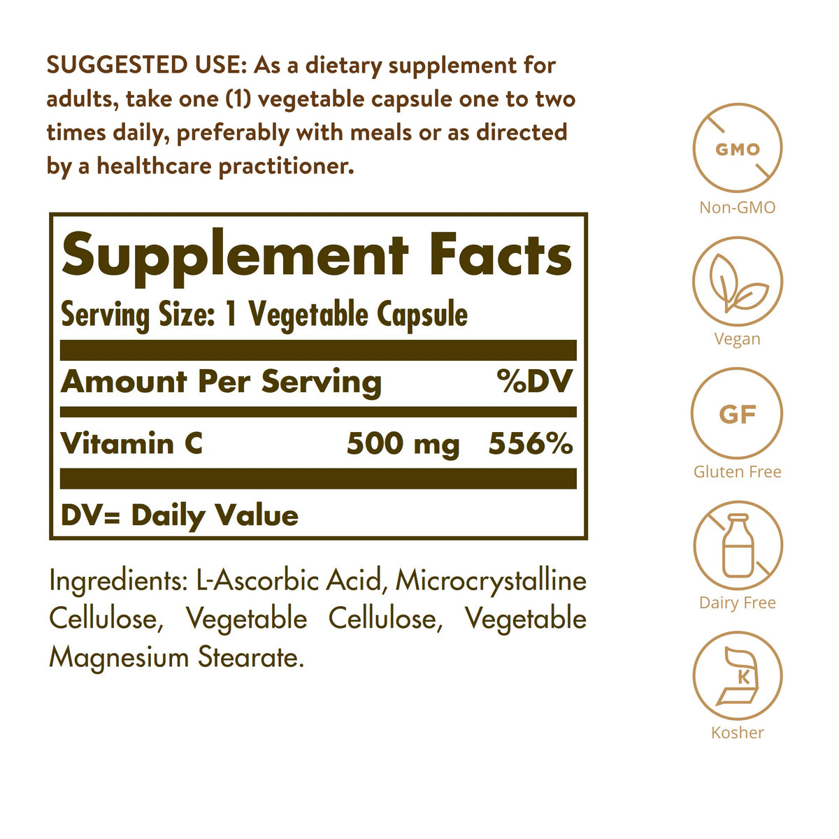 Solgar Vitamine C 500 mg 250 gélules végétales vue de côté
