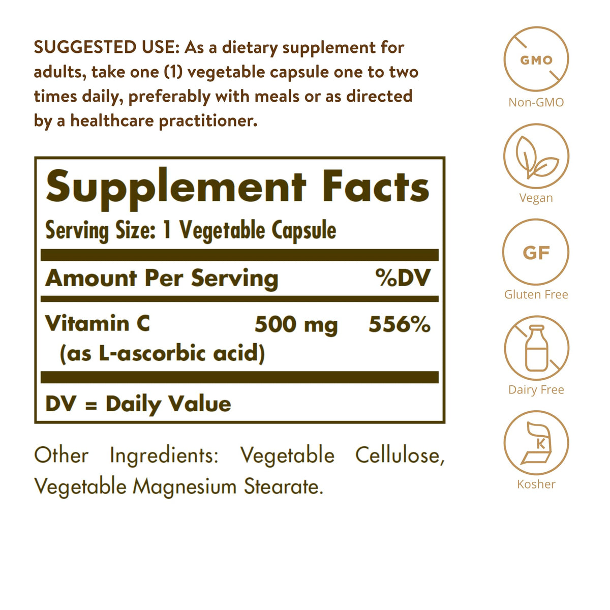 Solgar Vitamine C 500 mg Capsules Végétales - vue de dos