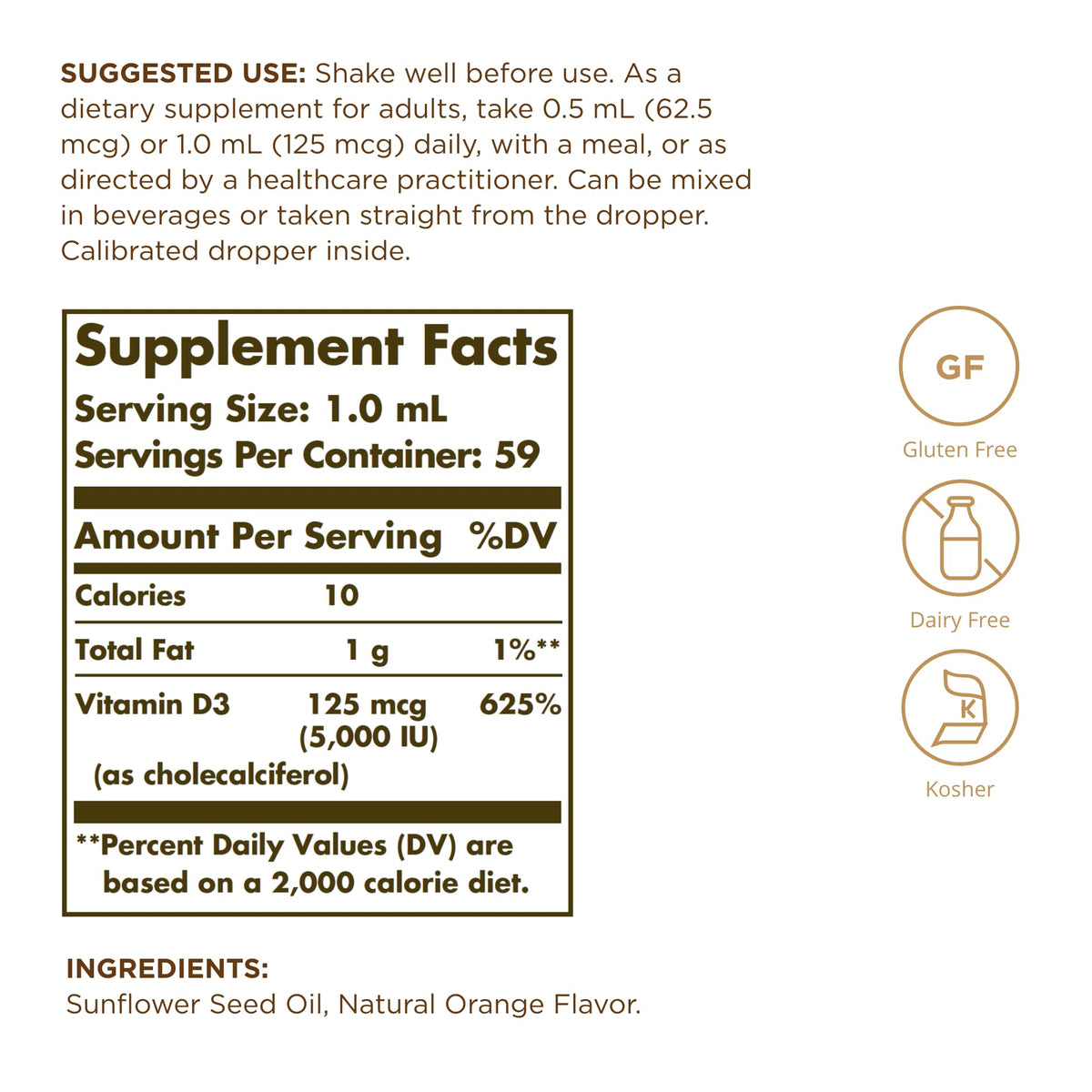 Solgar Vitamine D3 125 mcg 2 fl oz vue arrière