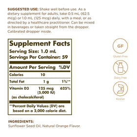 Solgar Vitamine D3 125 mcg 2 fl oz vue arrière