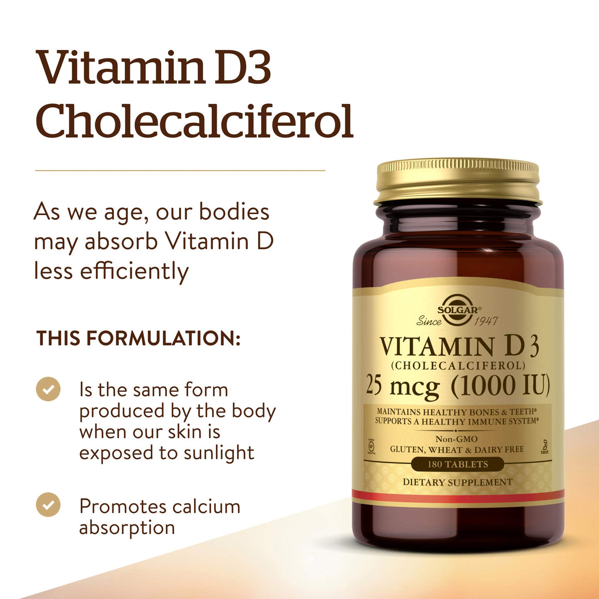 Solgar Vitamine D3 25 MCG 180 comprimés côté