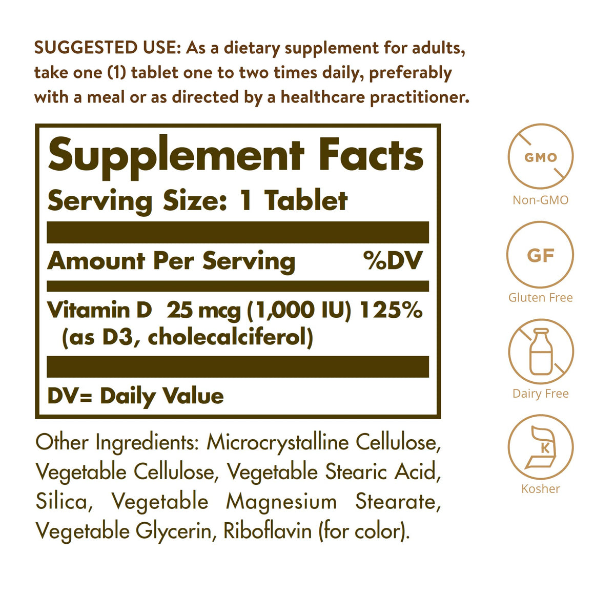 Solgar Vitamine D3 25 MCG 180 comprimés emballage