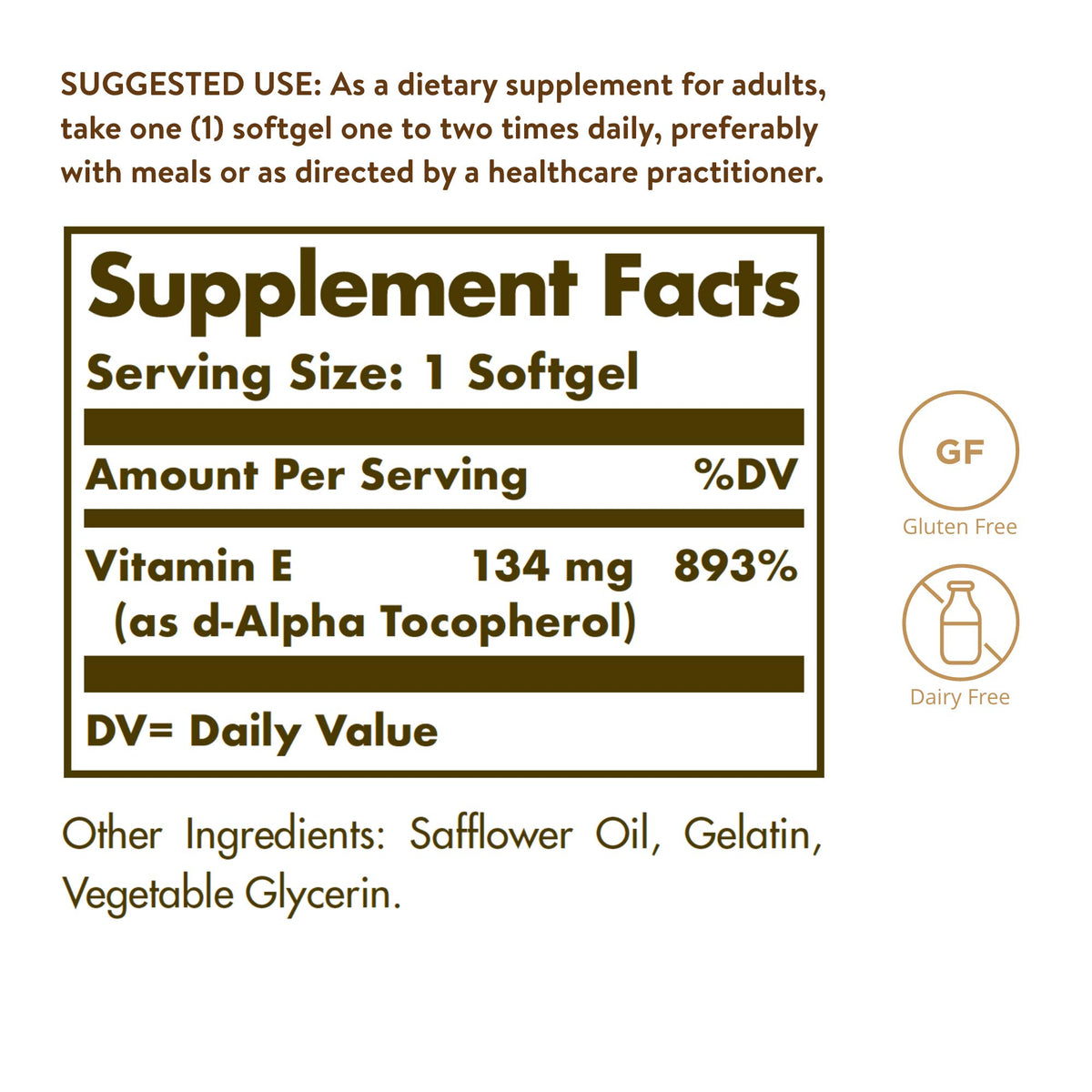 Solgar Vitamine E 200 UI Alpha 100 gélules molles vue arrière