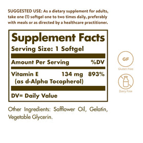 Solgar Vitamine E 200 UI Alpha 100 gélules molles vue arrière