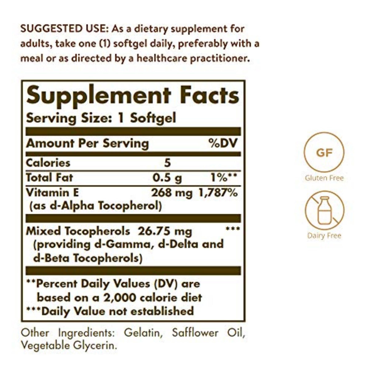 Solgar Vitamine E 268 mg 250 gélules molles vue arrière