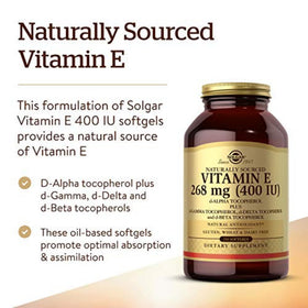 Solgar Vitamine E 268 mg gélules molles sur une table