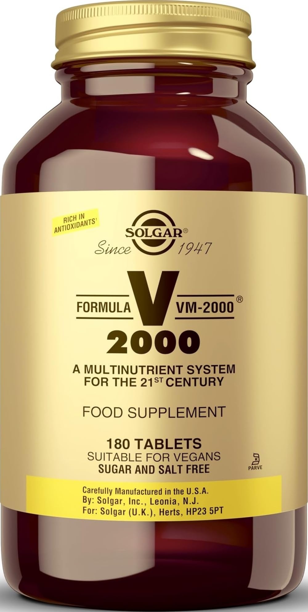 Solgar VM-2000 Multivitamines 180 comprimés, vue de face
