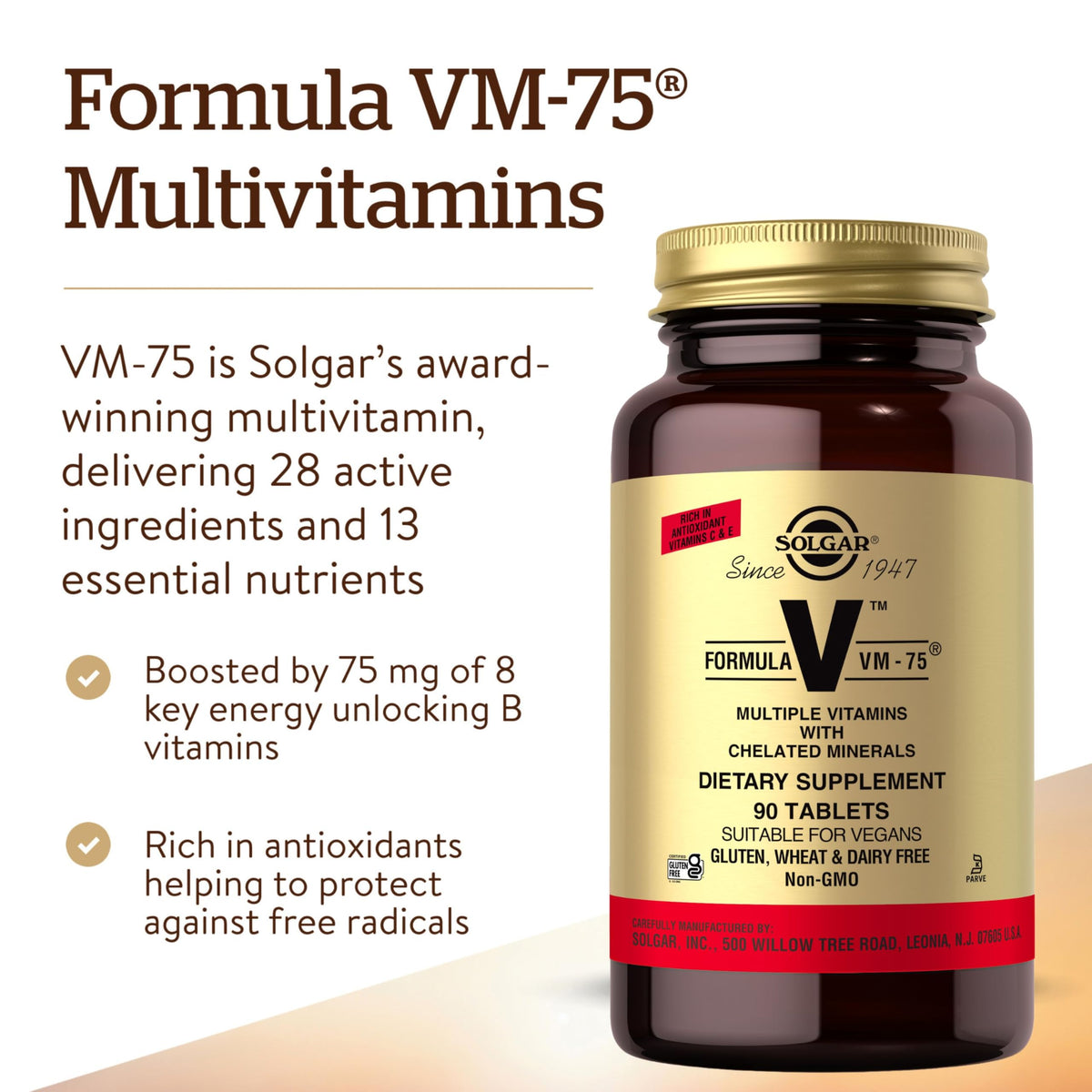 Solgar VM-75 Complément Alimentaire 90 Comprimés sur fond blanc