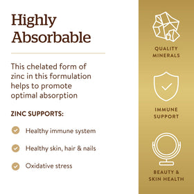 Solgar Zinc Chélaté, informations nutritionnelles au dos de la boîte