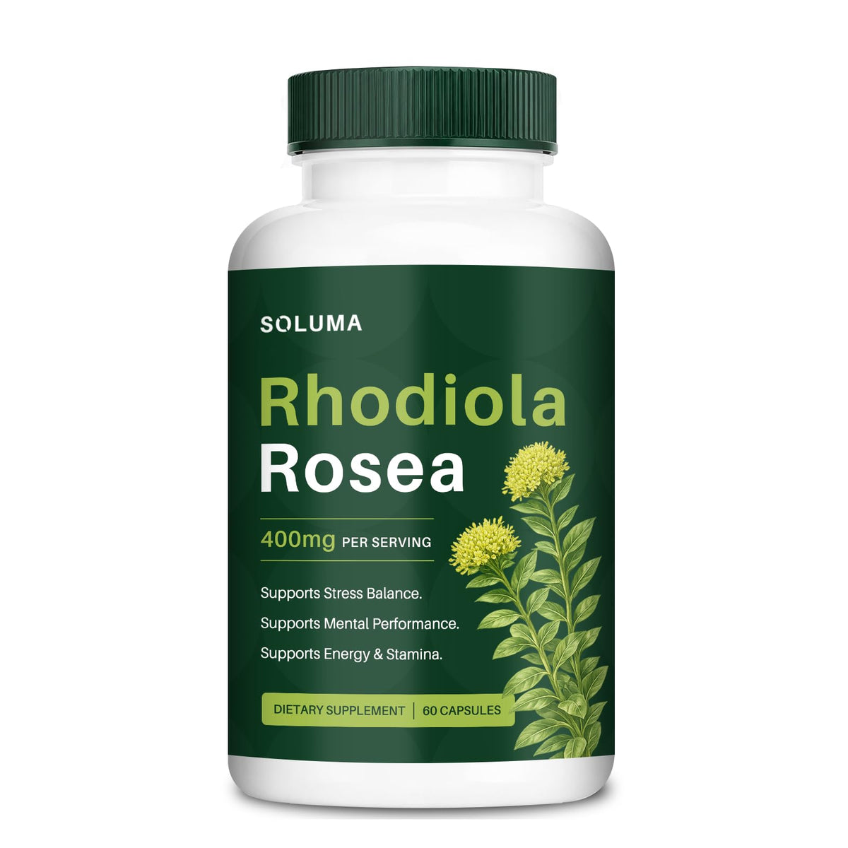 soluma Rhodiola Rosea 400mg Capsules, avant du flacon