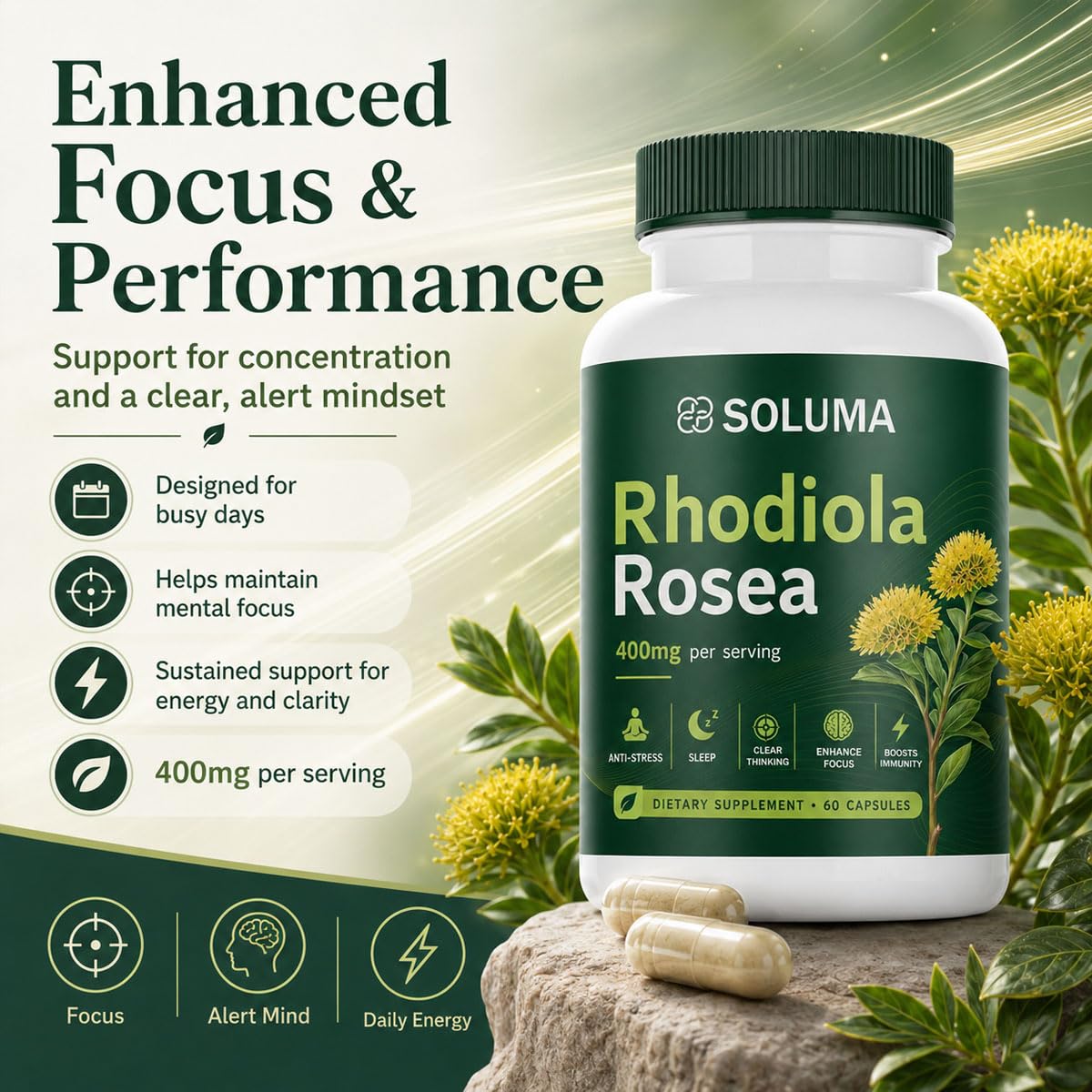 Soluma Rhodiola Rosea 400mg capsules près d'un verre d'eau