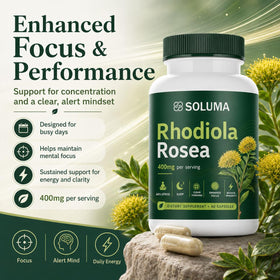 Soluma Rhodiola Rosea 400mg capsules près d'un verre d'eau