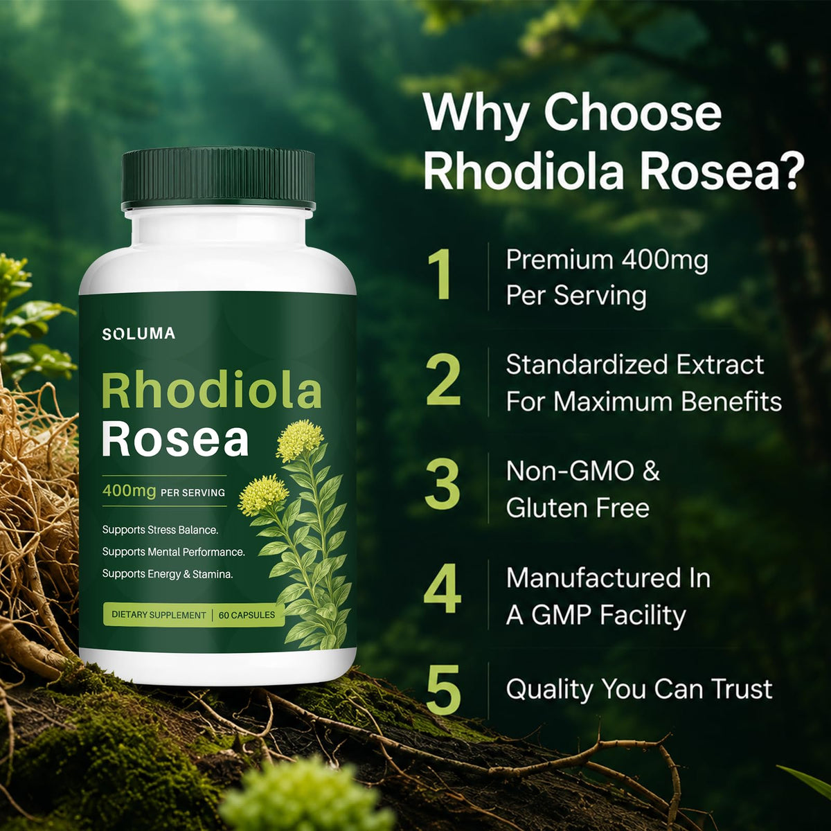 soluma Rhodiola Rosea 400mg Capsules sur un bureau