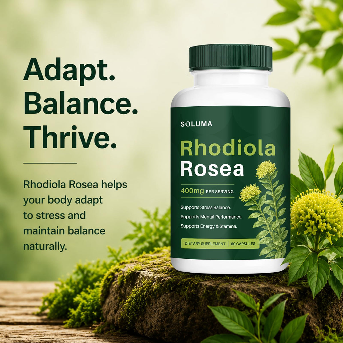 soluma Rhodiola Rosea 400mg Capsules, vue de côté
