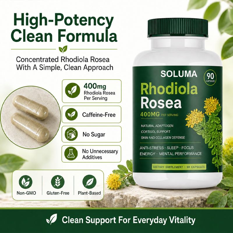 Soluma Rhodiola Rosea 90 capsules à côté d'un verre d'eau