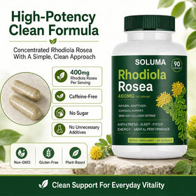 Soluma Rhodiola Rosea 90 capsules à côté d'un verre d'eau