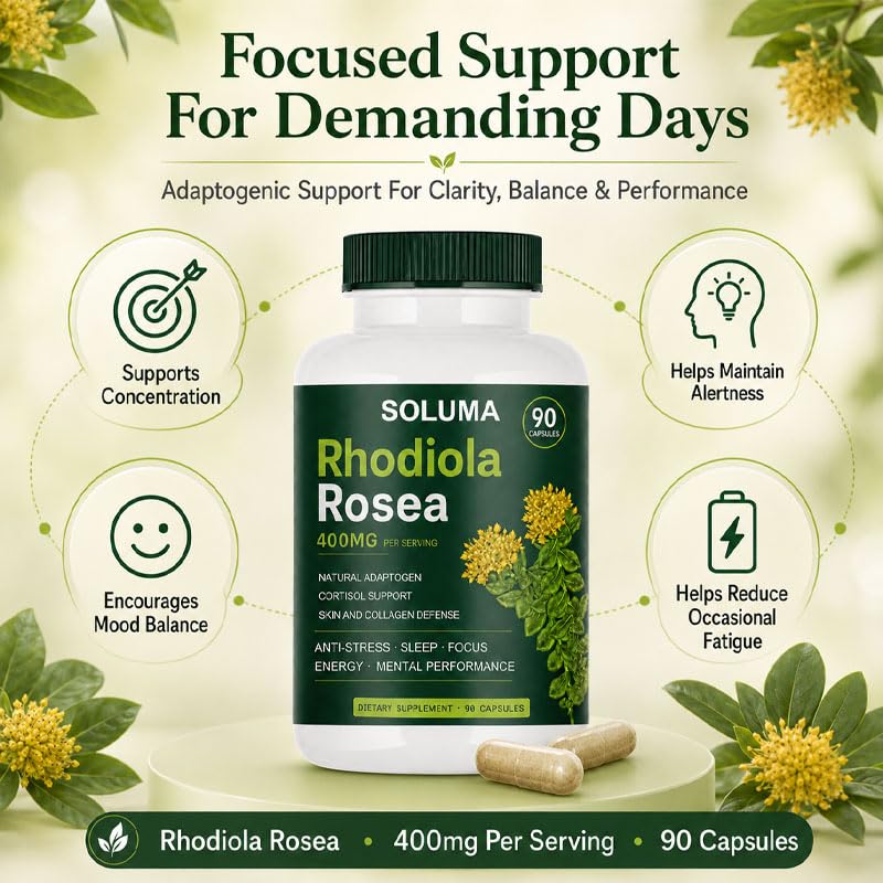 Soluma Rhodiola Rosea 90 capsules avec mains tenant le flacon