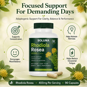 Soluma Rhodiola Rosea 90 capsules avec mains tenant le flacon