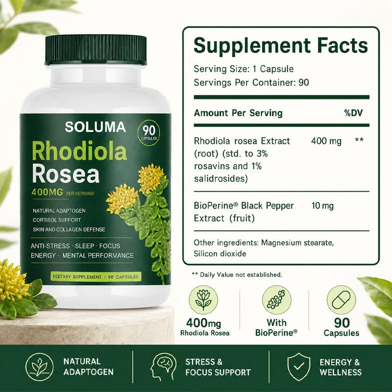 Soluma Rhodiola Rosea 90 capsules avec un carnet et un stylo