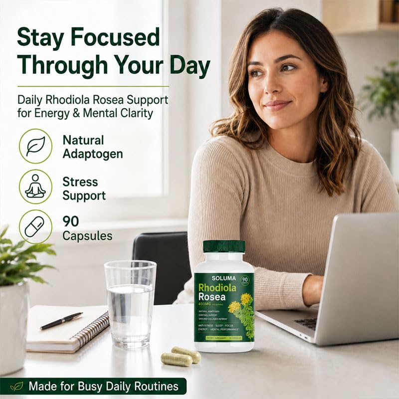 Soluma Rhodiola Rosea 90 capsules mise en scène sur un bureau