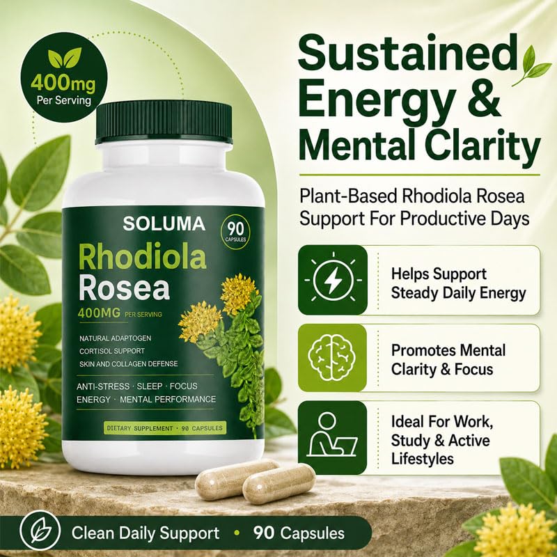 Soluma Rhodiola Rosea 90 capsules sur un fond neutre